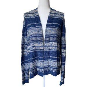 Boho Coastal Striped Knit Cardigan - Open Front Sweater - Blue White Cream Sz M